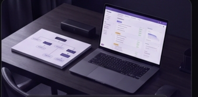 Mesa de trabalho com fluxo de processo impresso ao lado de um notebook exibindo o painel da operação no ClickUp